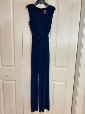 Vince Camuto Blue Wide Leg Jumpsuit Wrap Front Tie Waist Pockets Size S
